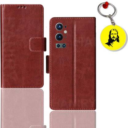 HANIRY Flip Cover for ONE PLUS 9 PRO flip case | LE2121 flip cover | Free Jesus Keychain | Brown