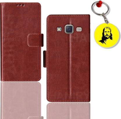 HANIRY Flip Cover for Samsung J7 flip case | SM-J700F flip cover | Free Jesus Keychain | Brown