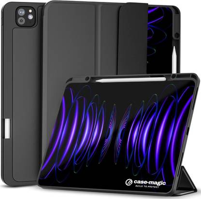 Case-Magic Flip Cover for iPad Pro 12.9 inch 2022 Folio Case Cover with Auto Sleep/Wake Trifold Stand, Pencil Holder  (Transparent, Black, Magnetic Case, Pack of: 1)