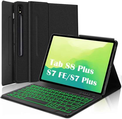 microware Flip Cover for Keyboard case Samsung Galaxy Tab S8 Plus/S7 Plus/S7 FE 12.4",Built-in 7-Colors Backlit