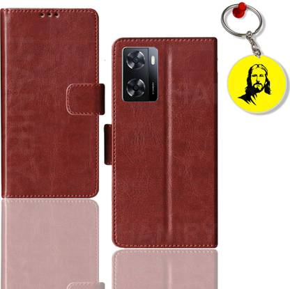 HANIRY Flip Cover for OPPO A57 2022 flip case | CPH2387 flip cover | Free Jesus Keychain | Brown