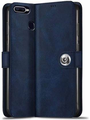 PAKME XUSIVE Flip Cover for Oppo A5 / A5s /A7 / A11k /A12 Designer Button Magnet Closure - Button Blue