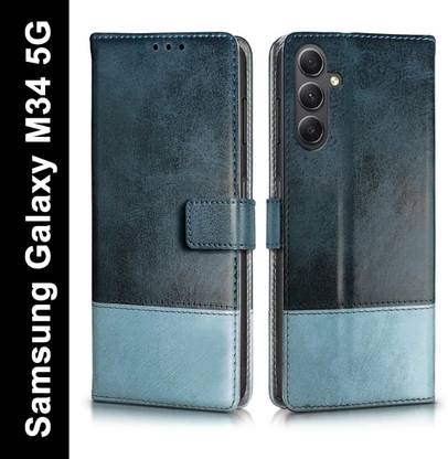 SESS XUSIVE Flip Cover for Samsung Galaxy M34 5G -Dual-Color Leather Finish Wallet - Blue & Sky Blue