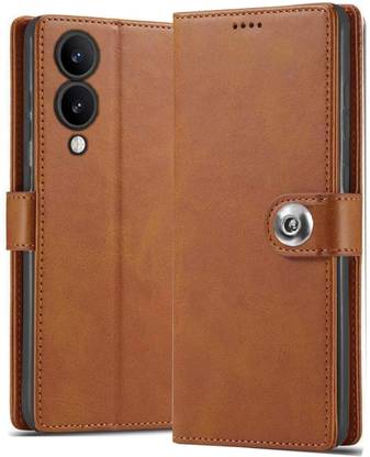 Maamba Wallet Case Cover for Vivo Y28 5G Button Flip - Brown