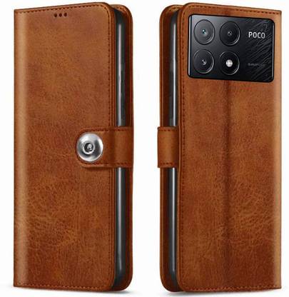 Maamba Wallet Case Cover for Poco X6 Pro 5G Button Flip - Brown