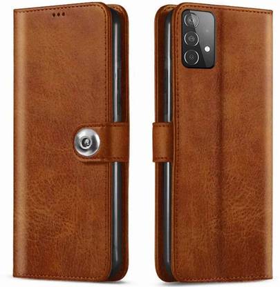 MOBCURE Wallet Case Cover for Samsung Galaxy A52 Magnetic Clasp Flip Cover - Button Brown