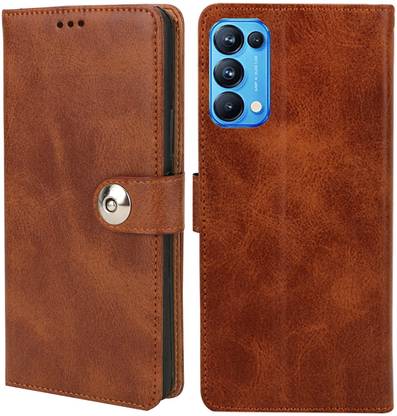 MOBCURE Flip Cover for Oppo Reno 5 Pro 5G Tich Button Flip Cover - Tan Color