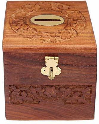 SEB WOODEN HAND CARVED SQUARE MONEY BOX (LARGE) Cash Box