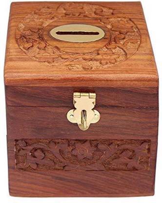 RK Handicraft Beautiful Children Wooden Handcrafted Money Bank Square Shaped Coin Cash Box Cash Box