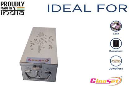 GINOSET Stainless Steel Locker Boxes , Jewellery Boxes, Cash Petti ,Check Book Box, Surgical Instrument Store Box, Multi purpose use Size- 8 INCH Storage Box With Laser Printed Design (Steel) Cash Box