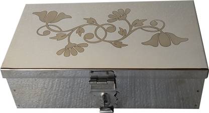 GINOSET SS Storage Cash Pooja Peti Locker Box 8 Inch Steel With Laser Print Design Cash Box