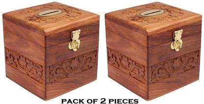 Zenzi Square Carving Money Bank for Kids, Wooden Piggy Bank with lock Combo Pack of 2 Cash Box