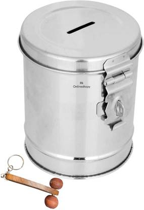 RK Handicraft Stainless Steel Round Shape Gullak Bank with Cash Box