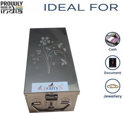 GvanyS Stainless Steel Locker Boxes , Jewellery Boxes, Cash Petti ,Check Book Box, Surgical Instrument Store Box, Multi purpose use Size- 10 INCH Storage Box With Laser Printed Design (Steel) L-10 INCH, W-4.2 INCH, H-3.8 INCH Cash Box