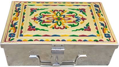 GINOSET SS Storage Box With Handicrafts Digital Meenakari Laser Print Design - 9 Inch Cash Box
