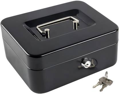 Whipbird 6" Petty Cash Tin Steel Money Safe Box with Lock 2 Keys - Black Cash Box