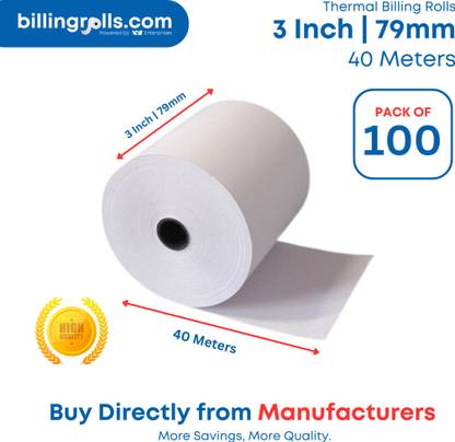 BillingRolls.com 100 Nos - 3 Inch 78-80mm 40 Meters 50 GSM - POS Roll - Thermal Cash Register Paper