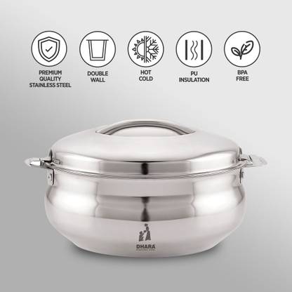 Dhara Stainless Steel 4000 Belly Double Wall Insulated Roti Chapati Biryani Hot Pot Box & Serving Bowl Thermoware Casserole