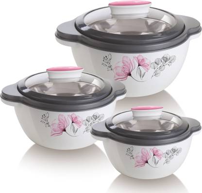 Flipkart SmartBuy Glaze Pink Jr Inner Stainless Steel Serving Casserole Set With Transparent Lid Pack of 3 Thermoware Casserole Set