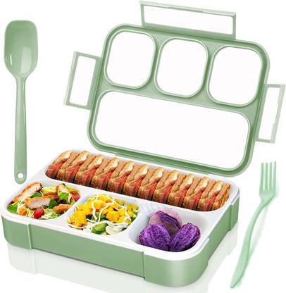NARV 4 Compartment Leakproof Plastic Lunch Box for Adults with Fork & Spoon School K0 3 Containers Lunch Box