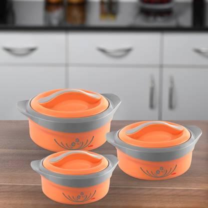 cello Solaris Stainless Steel Insulated Casserole| Firm Twist Lock | Orange Pack of 3 Thermoware Casserole Set