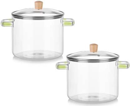 IndusBay Glass Cooking Pot 1.5L Heat-Resistant Borosilicate Glass Induction stovetop Pot Pack of 2 Cook and Serve Casserole Set