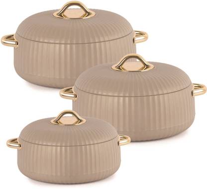 cello Aurum Luxury Insulated Hot-pot (1000ml x 2, 1500ml x 1) Beige | Easy Grip Lid | Pack of 3 Serve Casserole Set