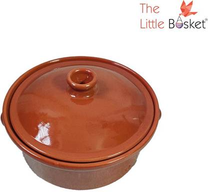The Little Basket Handmade Brown Terracotta Round Glazed Mitti Clay Valladolid Cocotte with Lid Serve Casserole
