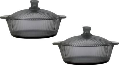 IndusBay 2 Pieces , Fluted Glass Toughened Glass Casserole with Glass Lid Black Pack of 2 Serve Casserole