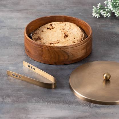 nestroots Classic Acacia Wooden Chapati Box Roti Casserole with Tong for Dining Table Serve Casserole