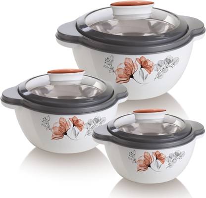 Flipkart SmartBuy Glaze Brown Jr Inner Stainless Steel Casserole Set With Transparent Lid Pack of 3 Thermoware Casserole Set