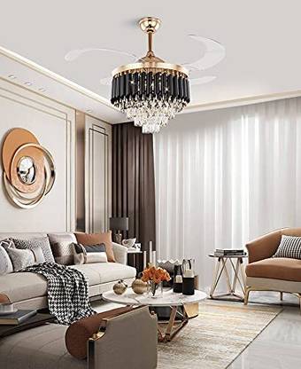 Svah Luxury Black-Gold 42 inch 3 Color Light Dual Control Remote Ceiling Fan Crystal Chandelier Ceiling Lamp