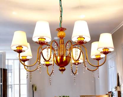 Prop It Up 8 Light British Style Gold Antik Finish with Fabric Shade Pendant Hanging Light Chandelier Ceiling Lamp