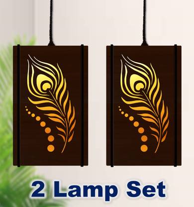 US DZIRE 2434 Peacock Feathers ( 2 Lamp Set ) Wooden Hanging Light For Home Decor, Pendant Lamp Ceiling Lamp