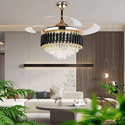 Svah Luxury Black-Gold 42 inch 3 Color Light Dual Control Remote Ceiling Fan Crystal Chandelier Ceiling Lamp
