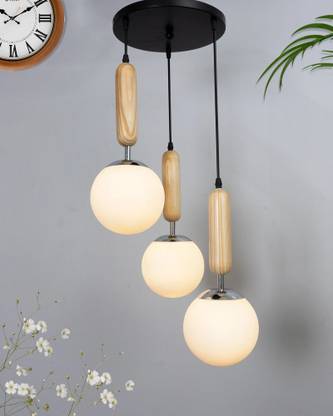 Homesake Wooden Chandelier Round Plate Hanging Light with Chrome Finish Chandelier Ceiling Lamp
