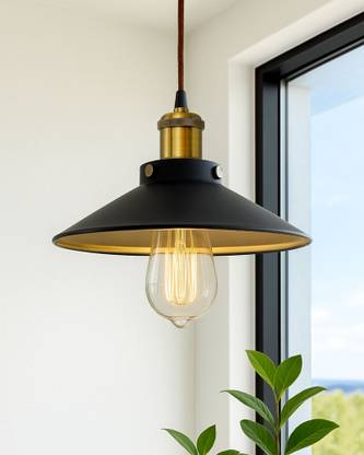 Homesake Single Black Cone Pendant with Holder, E27, Modern Nordic Hanging Ceiling Light (Golden) Pendant Lamp Ceiling Lamp