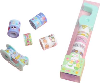WHITE POPCORN single side small CUTE BUNNY SERIES WASHI TAPE SET OF 8 + TAPE DISPENSER - STYLE 2 (Manual)