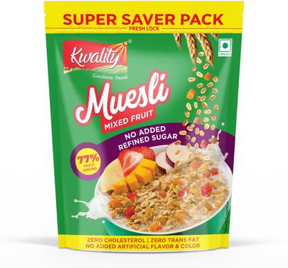 Kwality Muesli Mixed Fruit, 77% Multigrains, No Added Refined Sugar, Breakfast Cereals Pouch