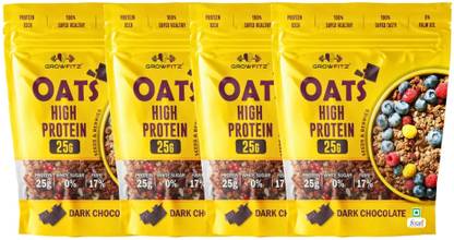 Growfitz by NA 25g Protein Oats | PCK of 4 | Dark Chocolate | No Sugar | Gluten-Free,17g Fibre Pouch