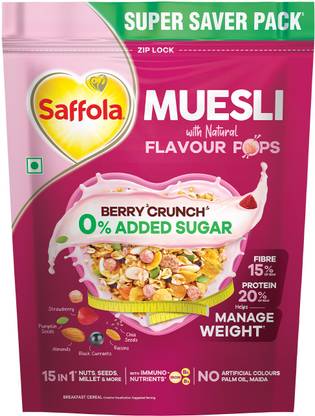 Saffola Muesli 0% Added Sugar Berry Crunch | High Protein | Muesli with Flavour Pops Pouch