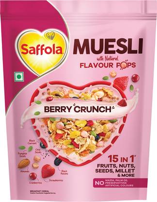 Saffola Muesli Berry Crunch with Flavour Pops 450 gm, 15 in 1 Fruit, Nuts, Millet & more Pouch