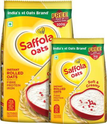 Saffola Instant Rolled Oats 1kg + 300g, Soft & Creamy , Protein, Iron & Fibre Pouch