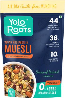 Yolo Roots Vegan High Protein Muesli With Almonds & Raisins 400g | Made With Date Syrup, Pouch