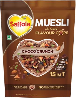 Saffola Muesli Choco Crunch with Flavour Pops | 15 in 1 Fruit and Nuts, Seeds, Millet Pouch