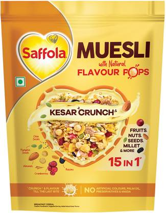 Saffola Muesli Kesar Crunch with Flavour Pops, 15 in 1 Fruit, Nuts, Millet & more Pouch