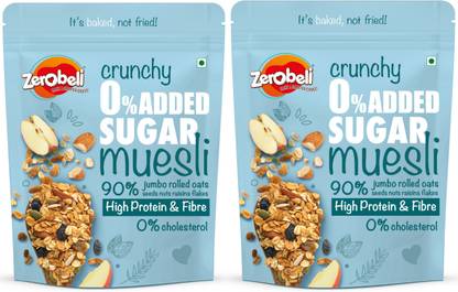 Zerobeli Crunchy 0% Added Sugar Muesli | Fiber Rich Breakfast | High in Protien Pouch