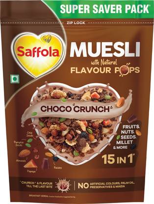 Saffola Muesli Choco Crunch with Flavour Pops, 15 in 1 Fruit, Nuts, Millet & more Pouch Pouch