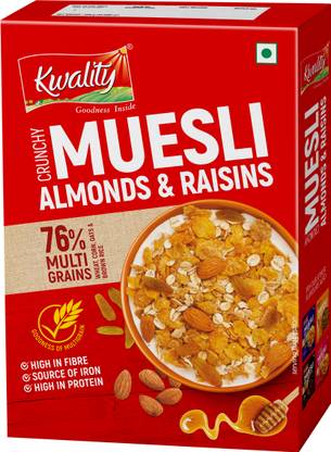 Kwality Crunchy Muesli Almonds & Raisins, 76% Multigrains, Protein, Breakfast cereals Box