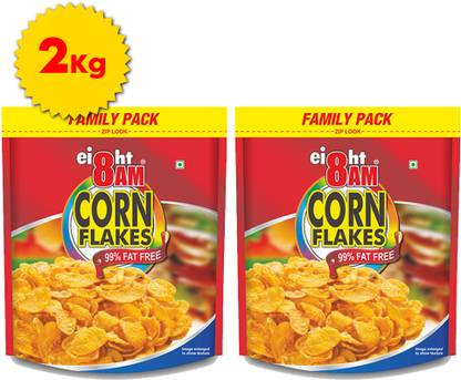 8AM Cornflakes Family Pack (2 x 1 KG), 92% Corn, 99% Fat Free, No Cholesterol Pouch